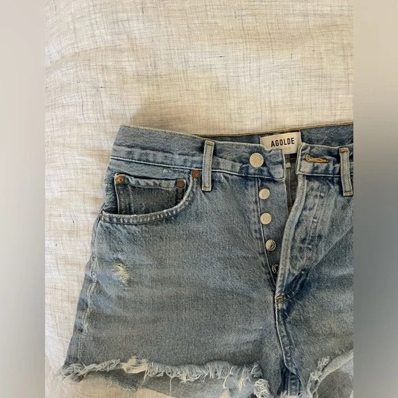 Agolde Light Blue Distressed Denim Jean Shorts - Picture 2 of 6